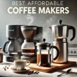 DALL·E 2024 10 08 21.23.43 A clean eye catching featured image showcasing a selection of affordable coffee makers including a drip coffee machine a French press and a percol